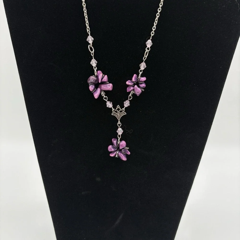 Purple Flower Y Drop Necklace‎ Silver Tone Chain Beaded Pendant Fashion Jewelry